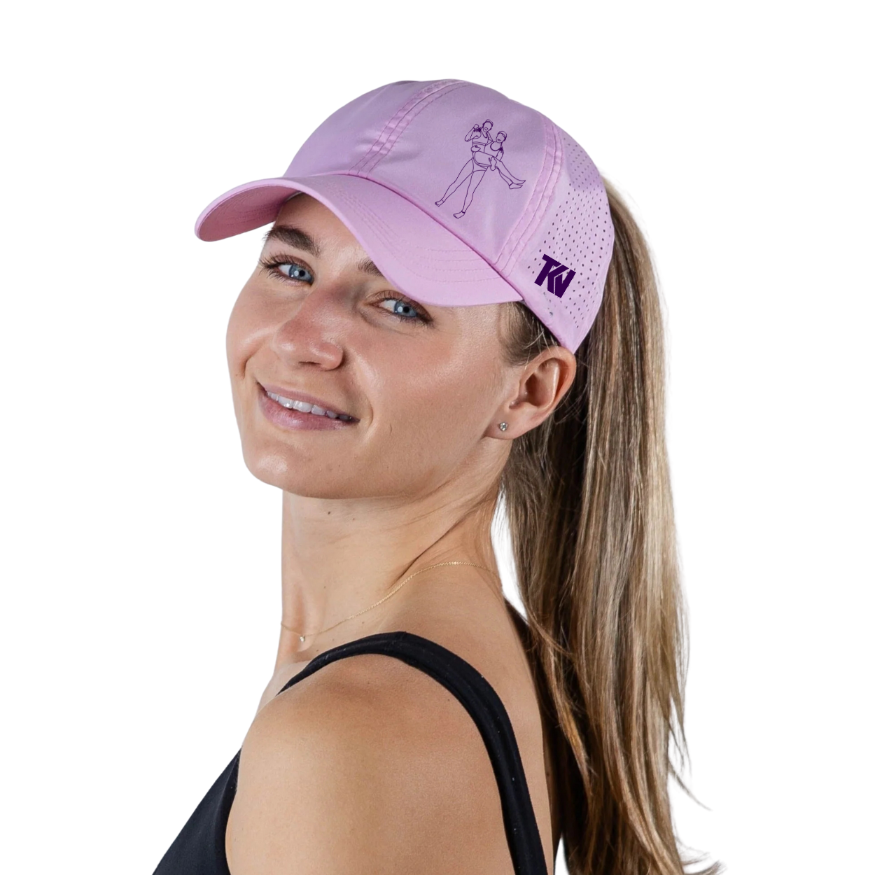 T holding K Ponytail Caps