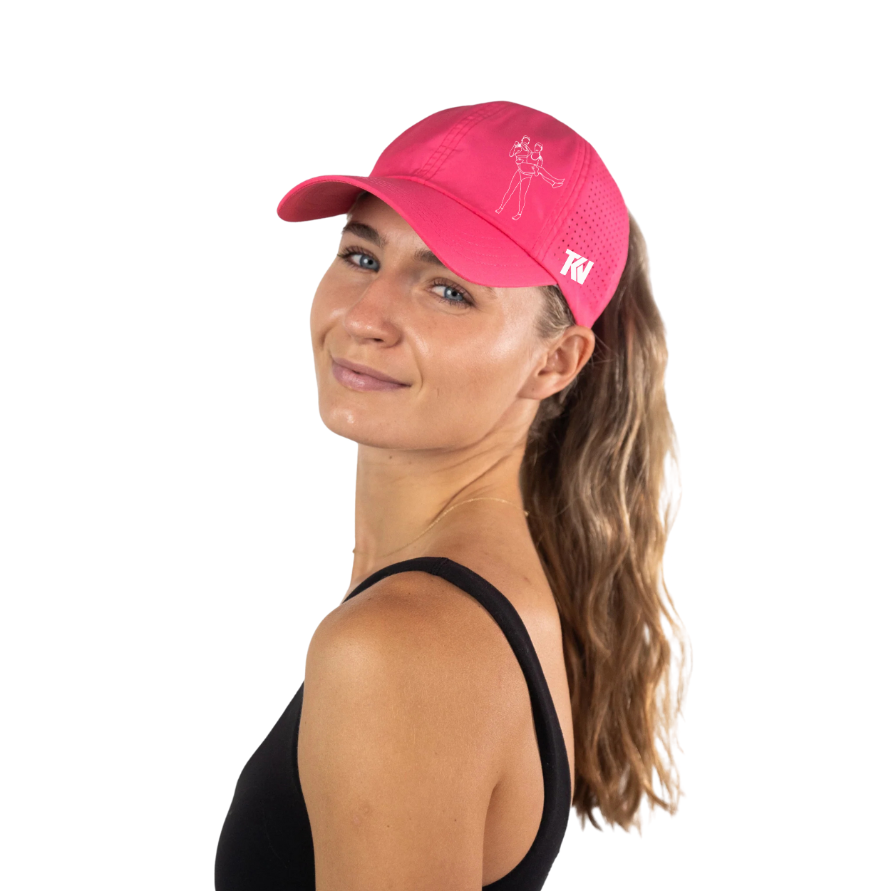 T holding K Ponytail Caps